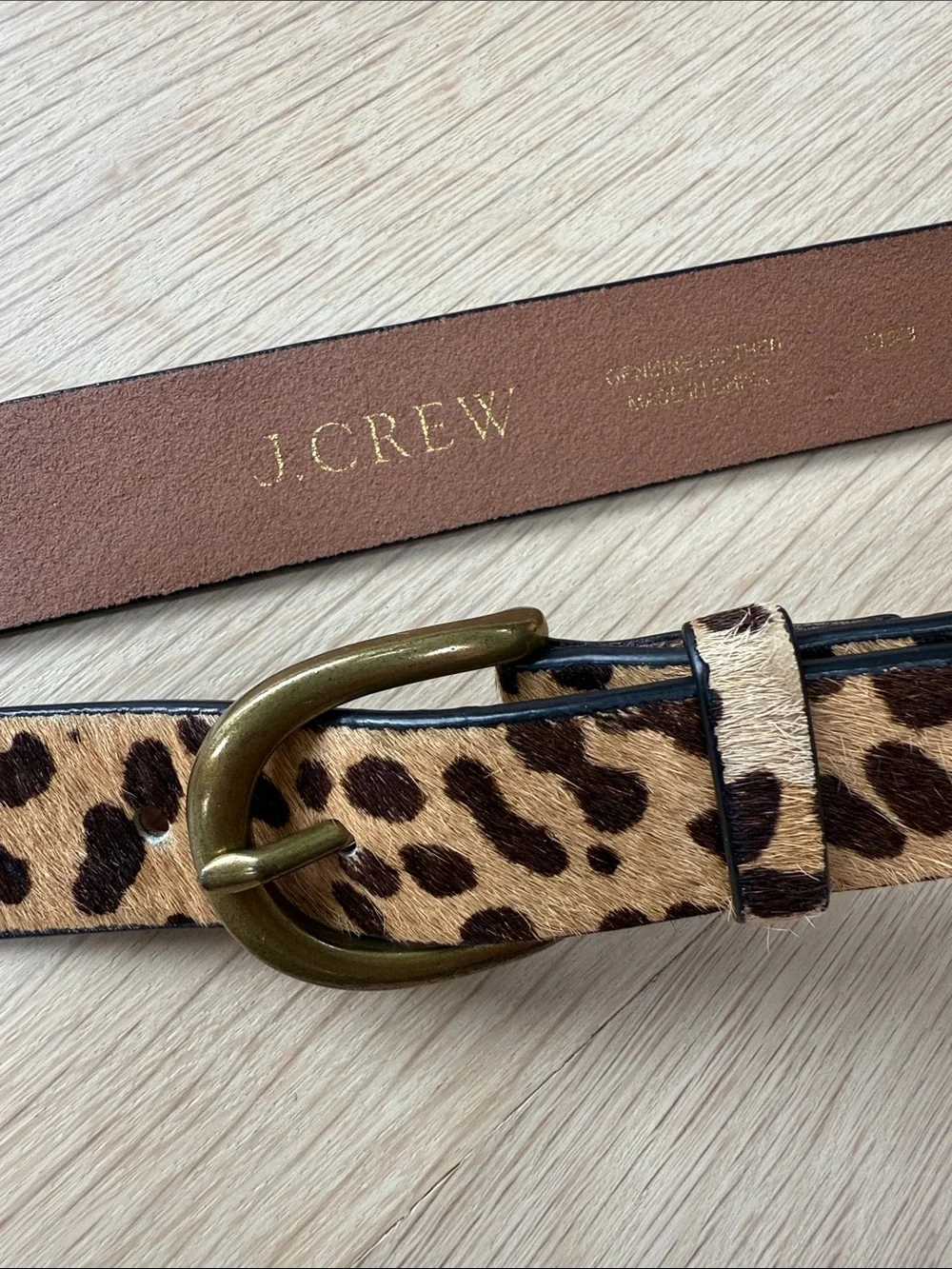 J. Crew Leopard Print Haircalf Leather Belt with Brass-Tone Buckle